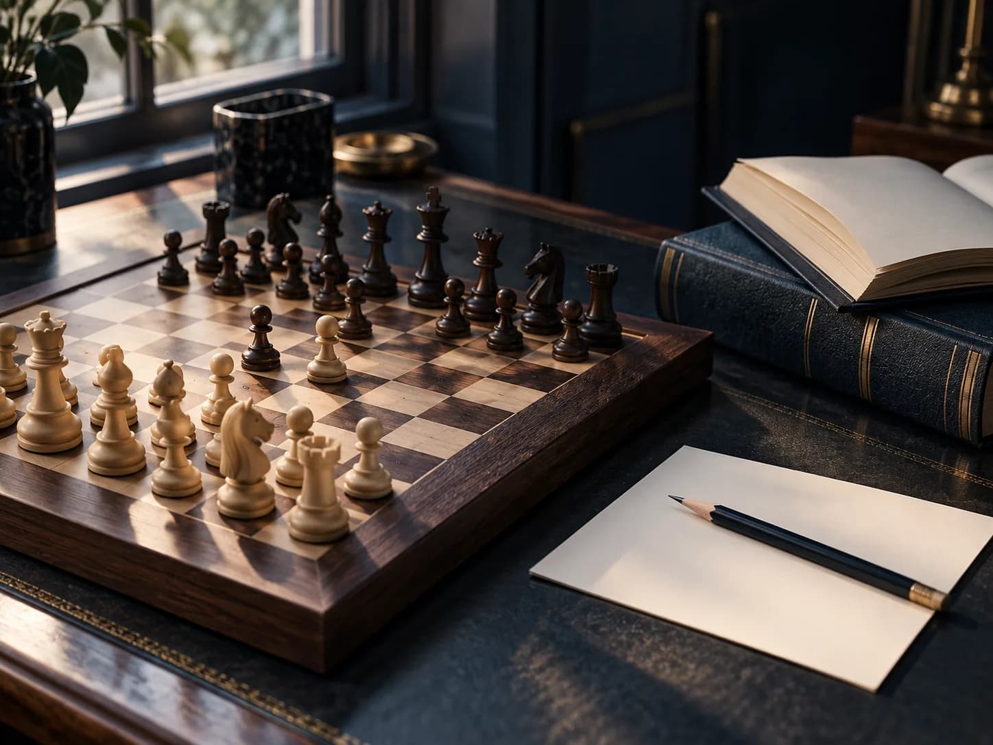 Chessboard and opening research material on a dark desk